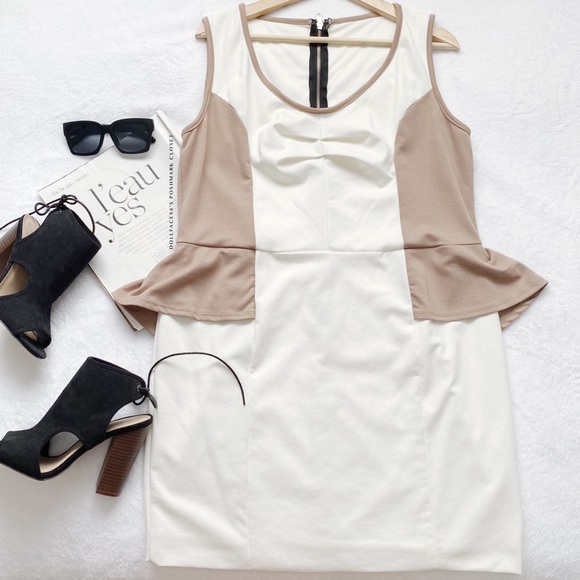 Dark Tan & Off White Mini Peplum Dress - Picture 1 of 7